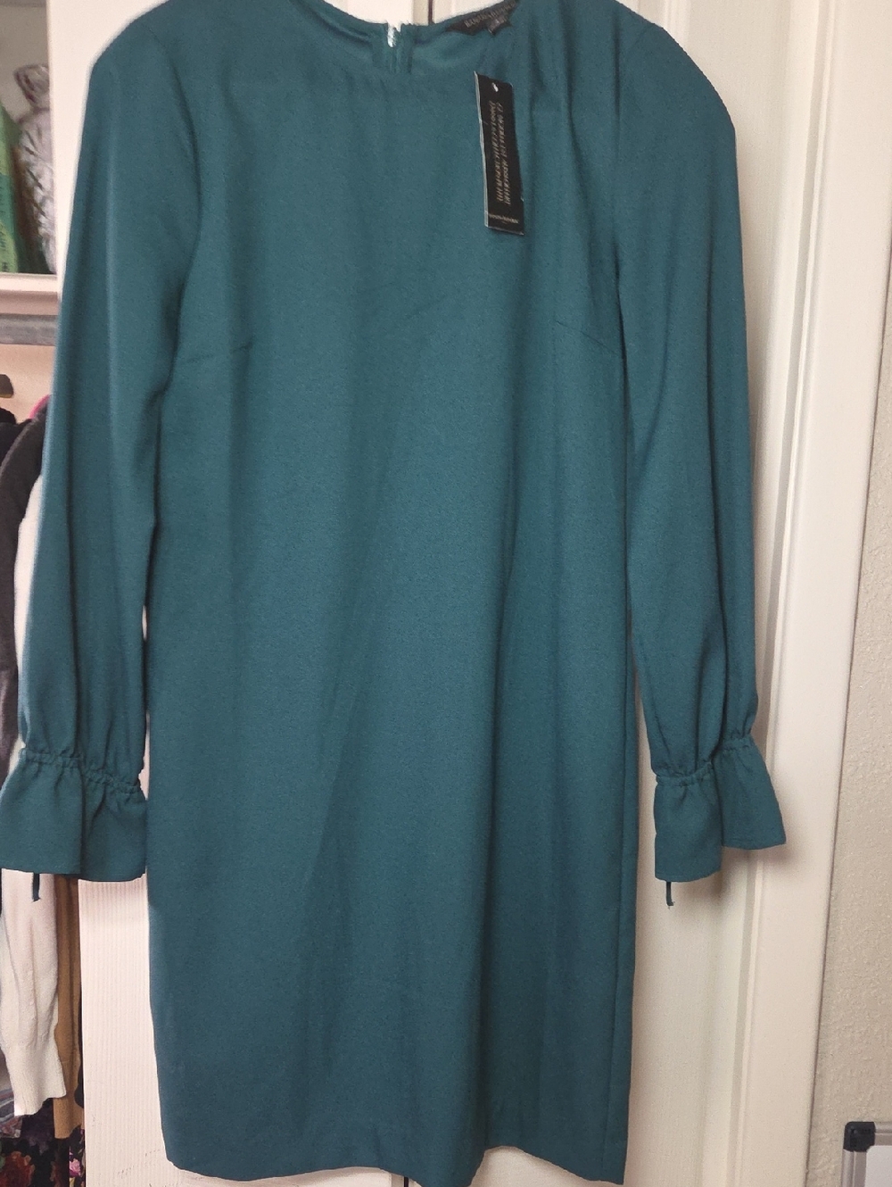 Banana Republic Teal Long-Sleeve Shift Dress with Ruffle Cuffs